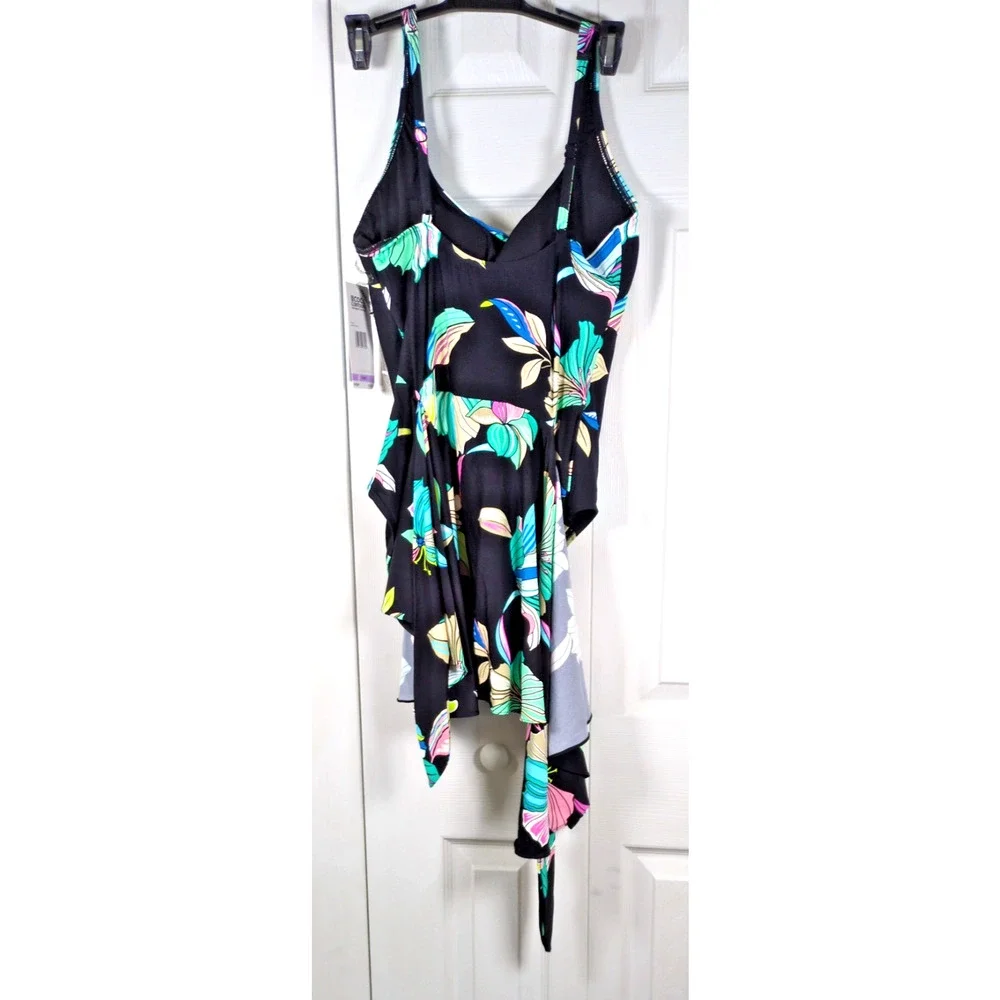 Coco Contours Swimwear 14 38C Black Floral One Piece Swimdress Shapewear NWT